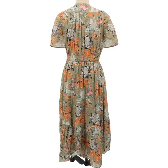 Peter Pilotto Khaki Cotton Floral Gathered Short Sleeve Dress US Size 8 - Picture 3 of 10